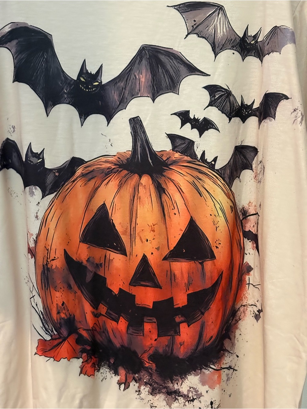 Women’s Long-Sleeve Halloween Pumpkin Bats Fall Graphic Tee - Cream/Orange - Picture 2 of 5